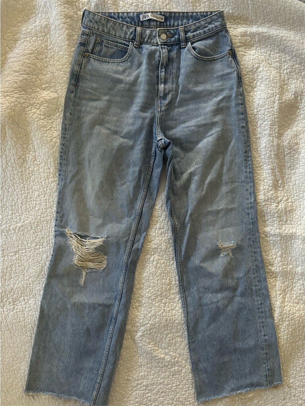 Zara Light Blue Distressed Wide Leg Jeans